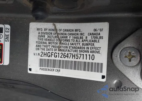 2007 Honda Civic Lx из США, поврежденный, VIN 2HGFG12647H571110